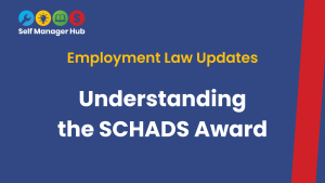 Dark blue background with SMH logo top left. Yellow text: Employment law updates. White text: Understanding the SCHADS award.