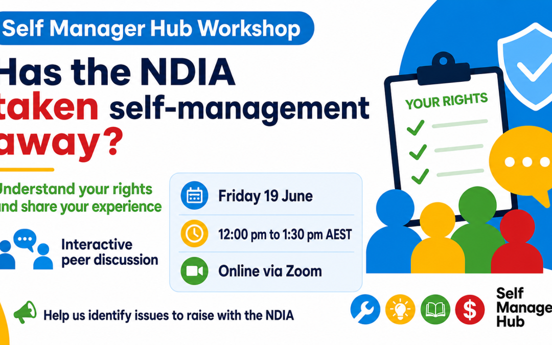 Workshop: Has the NDIA taken self-management away? By Erica Smith Keywords | self-management | News | NDISCategory | NDIS Fund Management | Events | News | Keep your records | Know your rightsFormats | Event