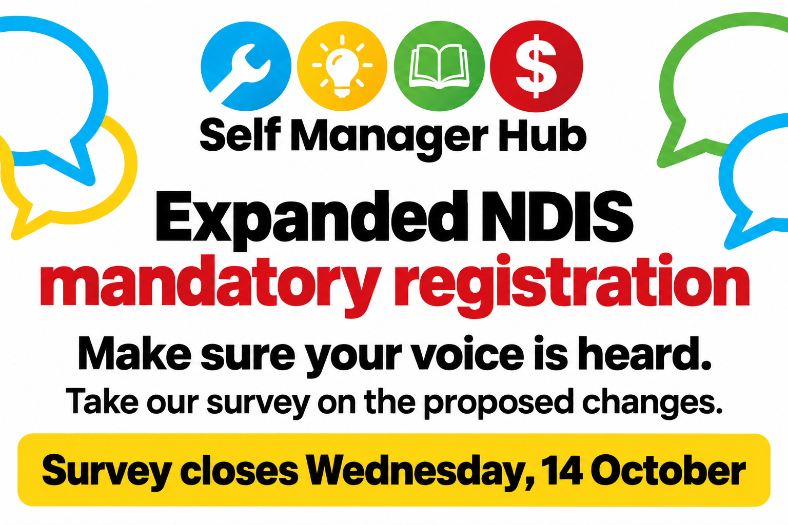 ChatGPT Image Sep 21, 2026, 09_42_55 PM (1) Self Manager Hub graphic: "Expanded NDIS mandatory registration. Make sure your voice is heard. Take our survey on the proposed changes. Survey closes Wednesday, 14 October."